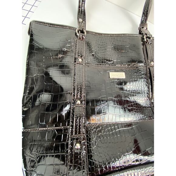 Large Black Patent Faux Leather Shoulder Bag Crocodile Purse Shopper 13x17x3 - Picture 2 of 12